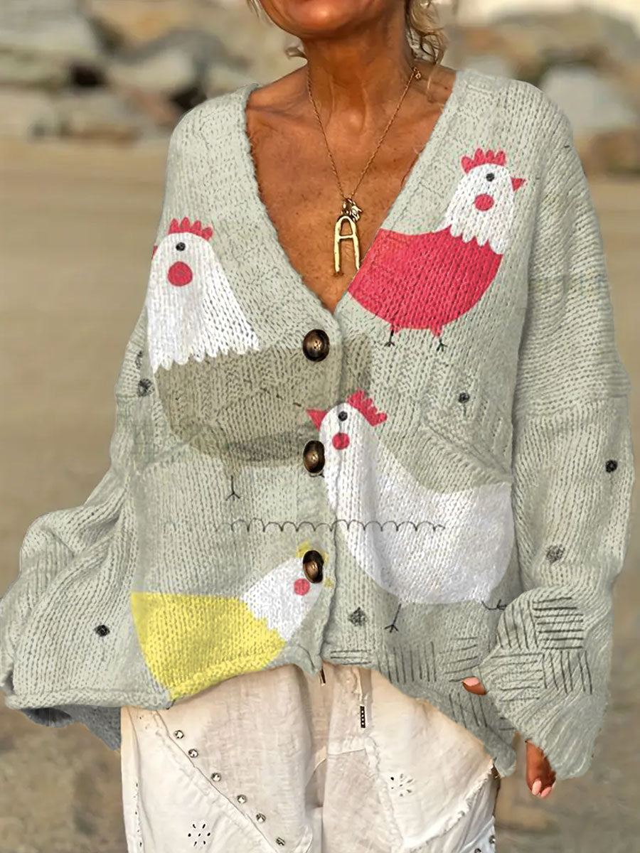 Women's Funny Chicken Art  Print Casual Pullover Sweater