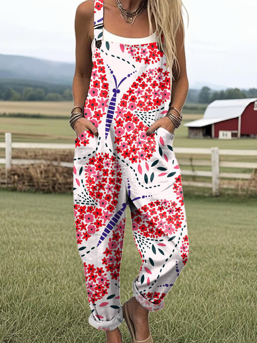 Women's Art Creative Butterfly Flower Print Casual 100% Cotton Wide Leg Jumpsuit