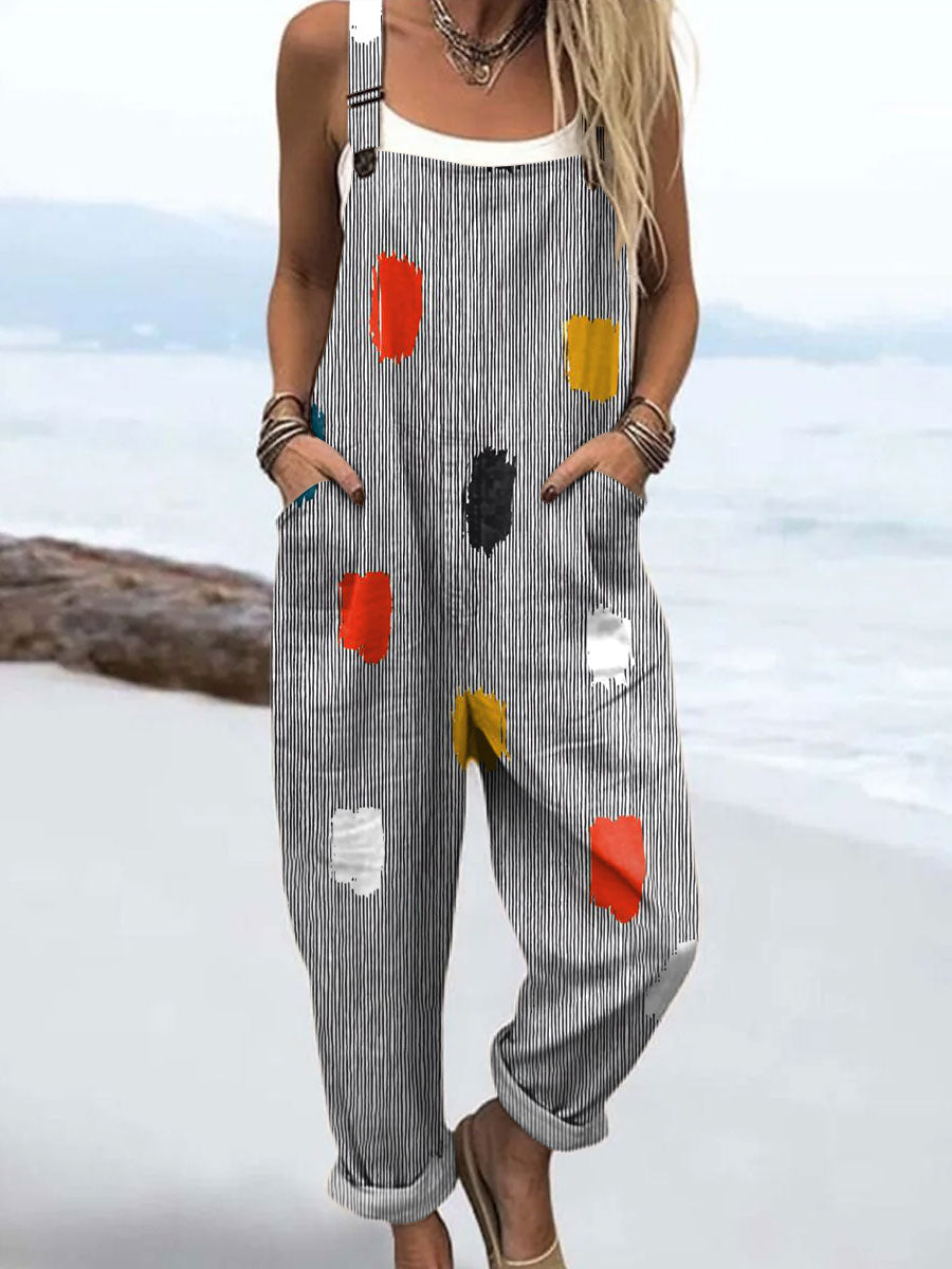 Women's  Vintage Abstract Geometric Art Print Casual 100% Cotton Wide Leg Jumpsuit