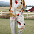 Women's Vintage Cute Farm Chicken Art Print Casual 100% Cotton Wide Leg Jumpsuit