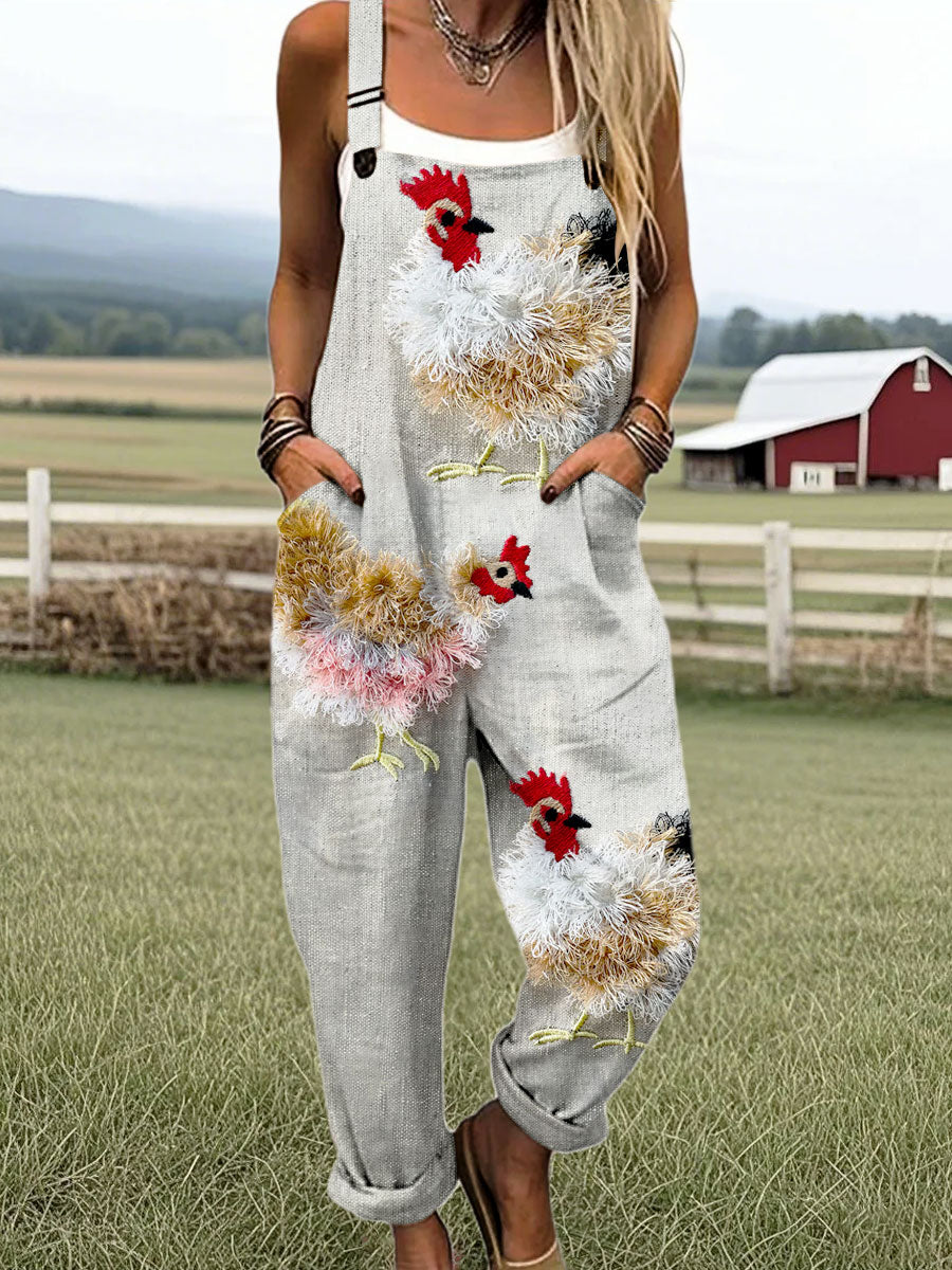 Women's Vintage Cute Farm Chicken Art Print Casual 100% Cotton Wide Leg Jumpsuit