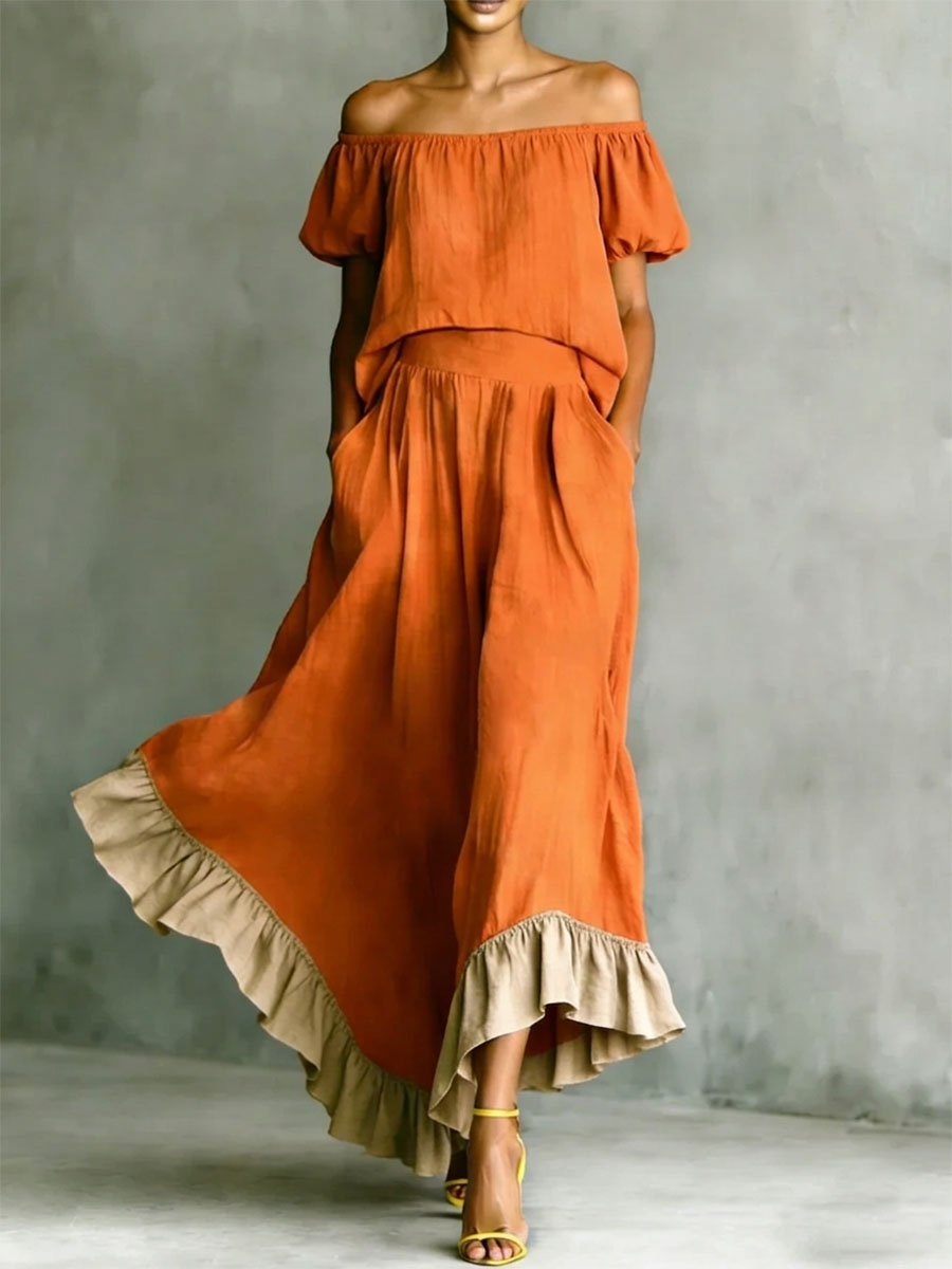 Women's Flowy Ruffled Casual Two-piece Set: Off-shoulder Top And Ruffled Dress