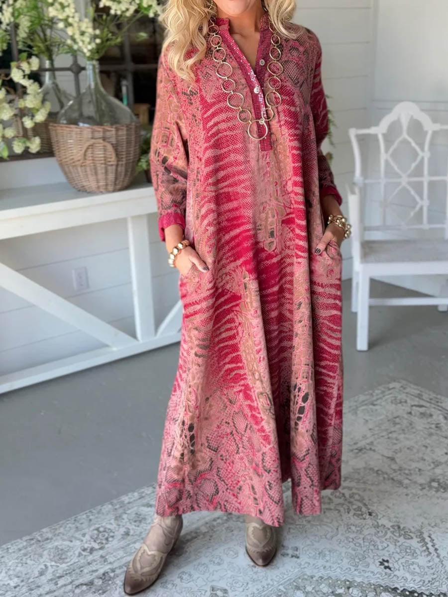 Women's Abstract Print V-Neck Long Sleeve Casual Loose A-Line Dress