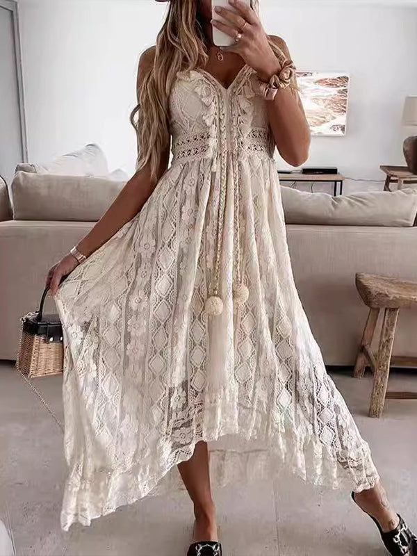 Women's Lace Strapless Full-Skirted Solid Color Long Dress