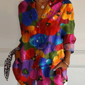 Women's Brightly Colored Large Flowers Print Casual Cotton Shirt
