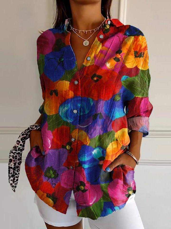 Women's Brightly Colored Large Flowers Print Casual Cotton Shirt