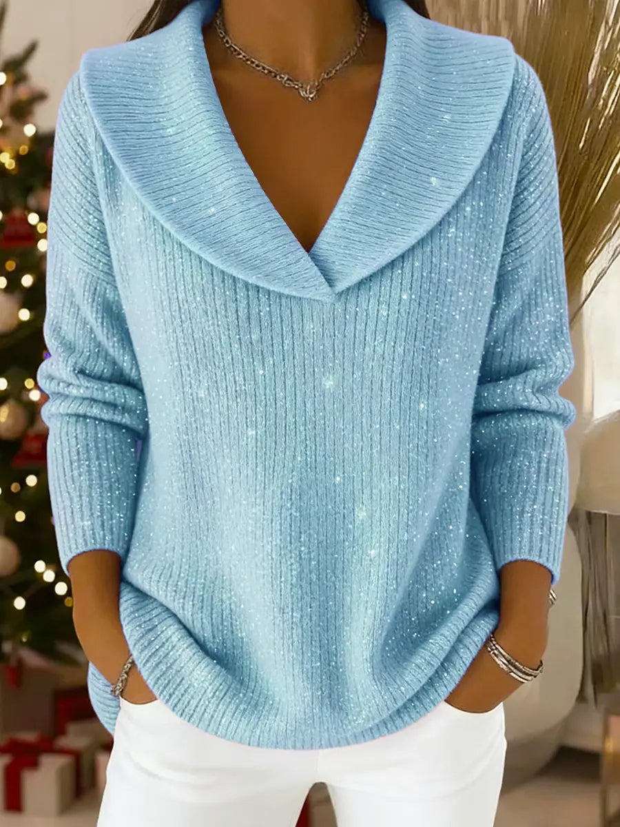 Women's Solid Color V-neck Casual Loose Sequined Knit Sweater Top