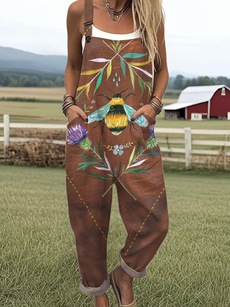 Women's  Funny Bee Art Print Casual 100% Cotton Wide Leg Jumpsuit