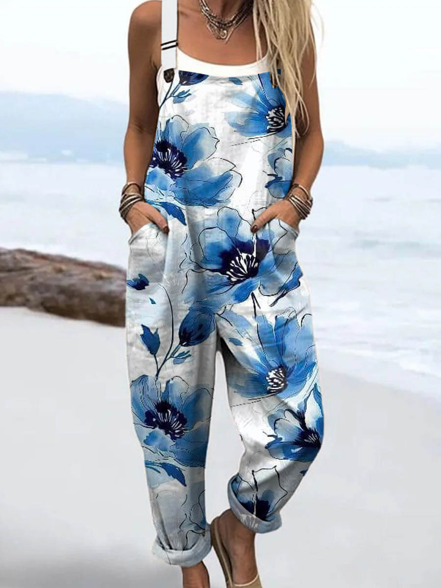 Women's Vintage Floral Art Print Casual 100% Cotton Wide Leg Jumpsuit