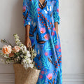 Robe décontractée en coton et lin à imprimé floral vintage pour femme, avec poches. 