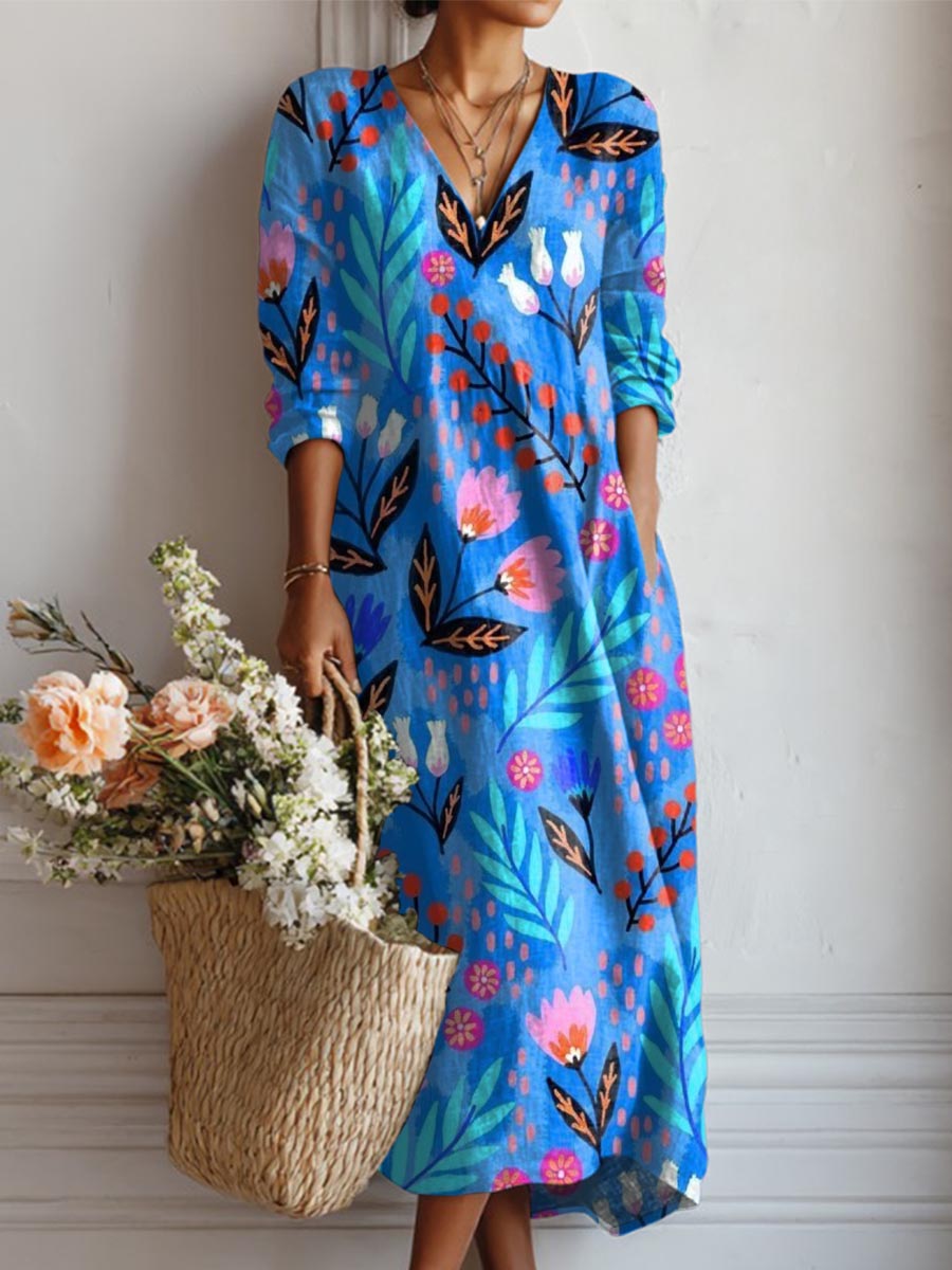 Women's Vintage Floral Art Print Casual Cotton Linen Pocket Dress