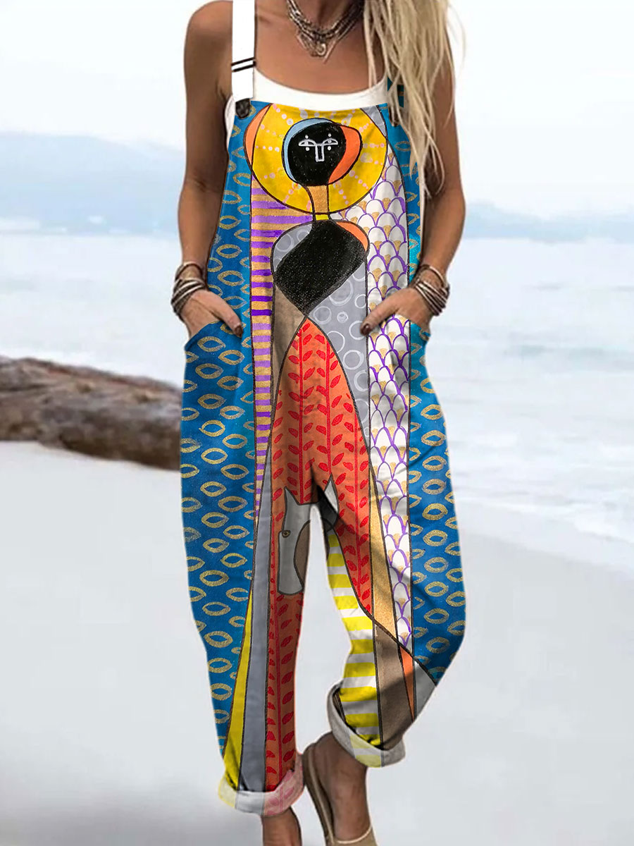 Women's Colorful Abstract Realistic Face Art Print Casual 100% Cotton Wide Leg Jumpsuit