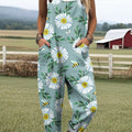 Women's Flower Bee Pattern Print Casual 100% Cotton Wide Leg Jumpsuit