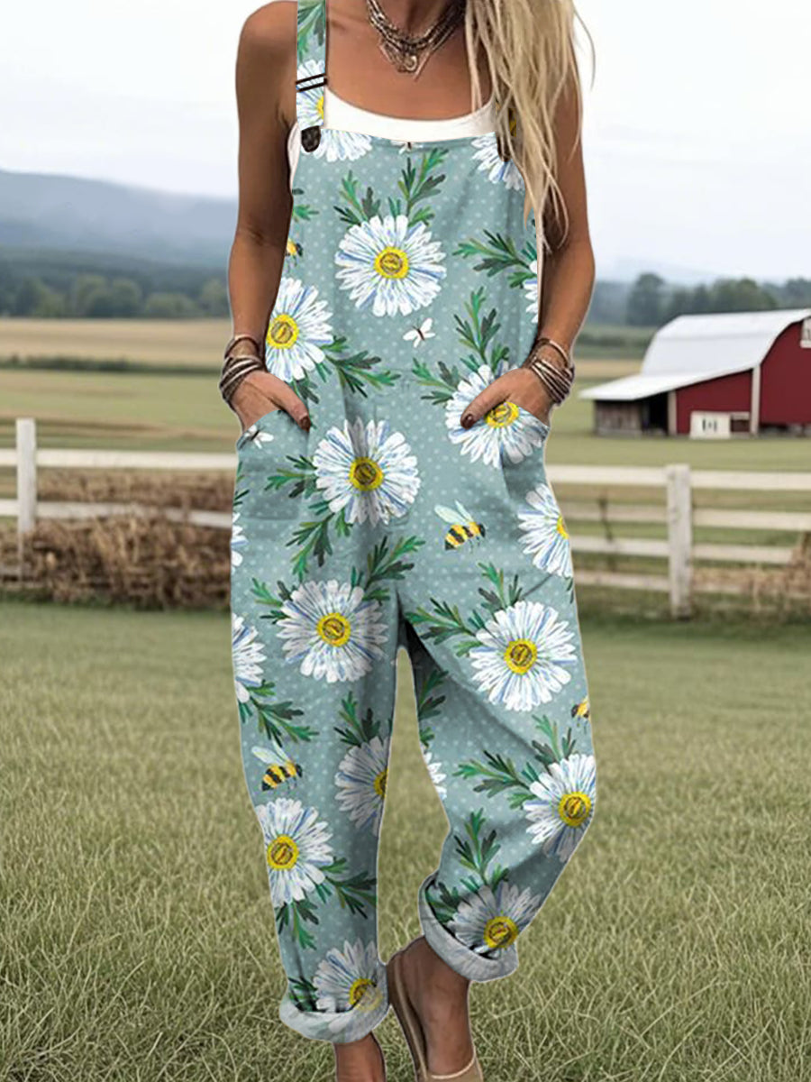 Women's Flower Bee Pattern Print Casual 100% Cotton Wide Leg Jumpsuit