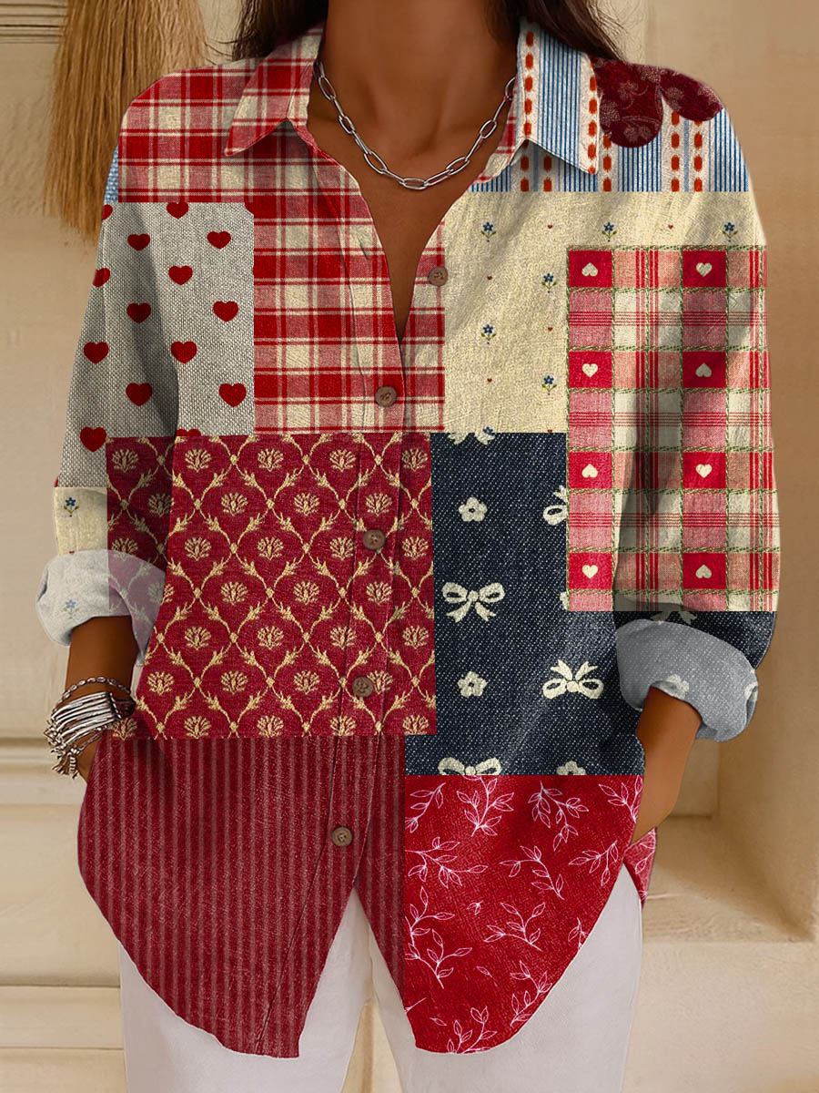 Women's Vintage Patchwork Pattern Art Print Casual Cotton Shirt