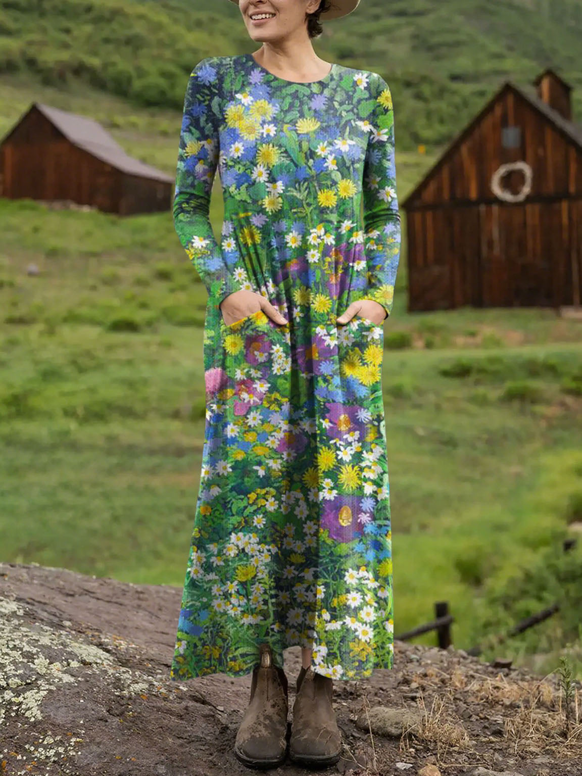 Women's Floral Art Print Casual Long-sleeved Dress