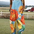 Women's Vintage Flower Art Print Casual 100% Cotton Wide Leg Jumpsuit