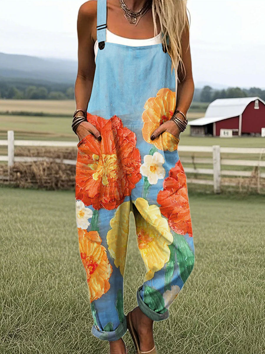 Women's Vintage Flower Art Print Casual 100% Cotton Wide Leg Jumpsuit