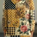 Pull femme vintage à carreaux fleuris roses, imprimé artistique, col Claudine, manches 3/4, taille 32iw