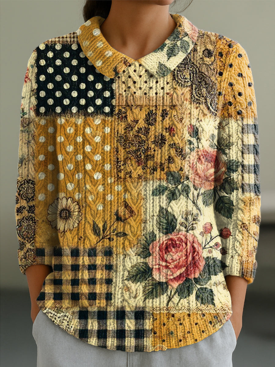 womens-vintage-rose-floral-plaid-splicing-painting-art-print-casual-peter-pan-collar-3-4-sleeve-sweater-32iw
