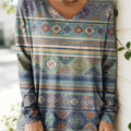 Women's Nationality Pattern Art Print V-neck Casual Cotton T-shirt
