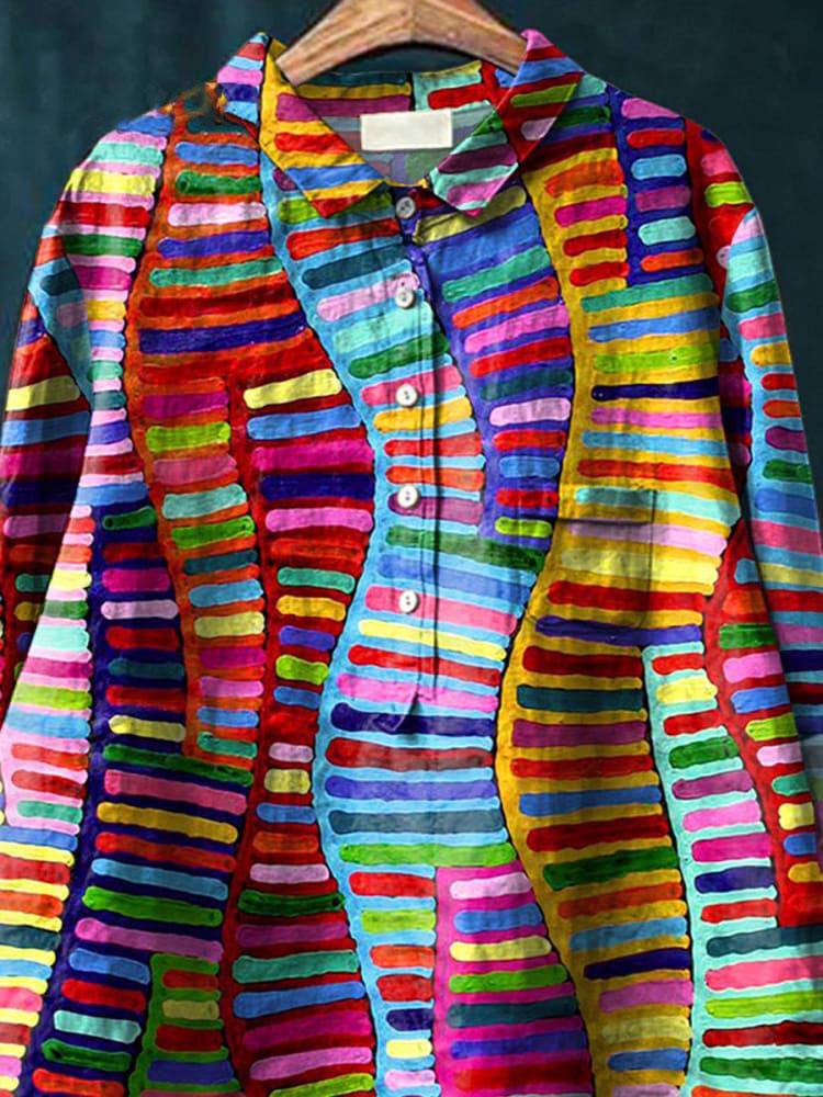 Colorful Tribe Style Pattern Printed Women's Casual Cotton And Linen Shirt