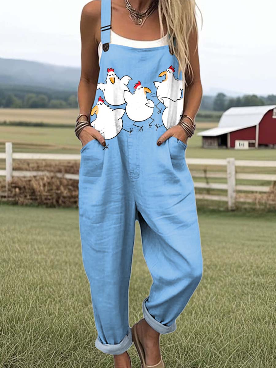 Women's Funny Chicken Pattern Art Print Casual 100% Cotton Wide Leg Jumpsuit