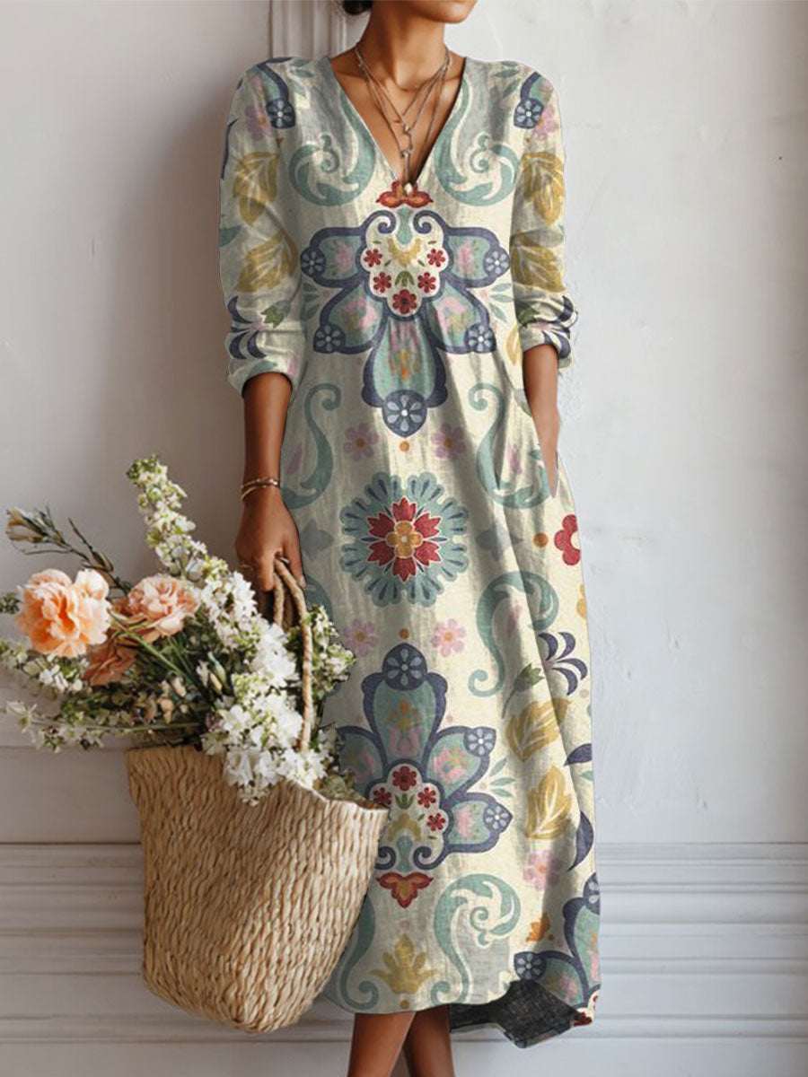 Women's Vintage Flower Art Print Linen Pocket Tunic Dress