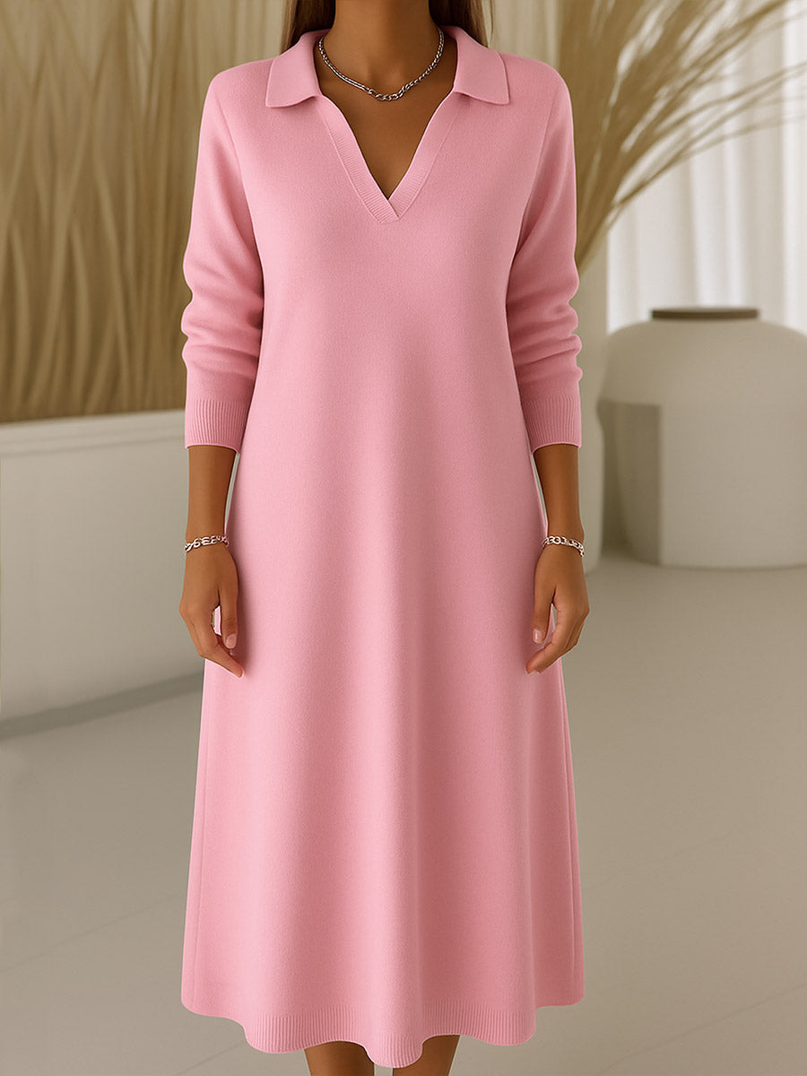 Women's Solid Color V-Neck Long Sleeve Casual Loose Knit Dress