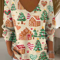Women's Christmas Tree Gingerbread Pattern Print Casual Pullover Sweater