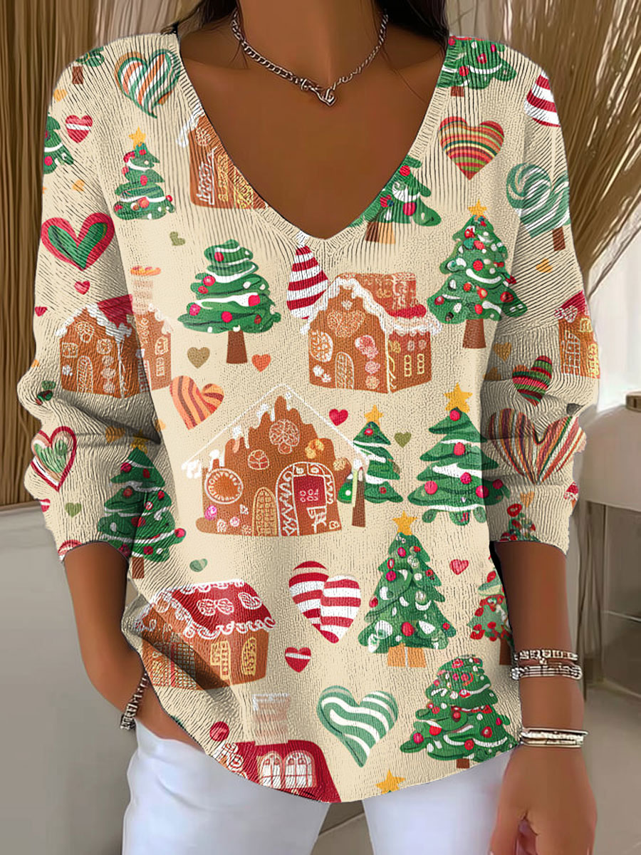 Women's Christmas Tree Gingerbread Pattern Print Casual Pullover Sweater