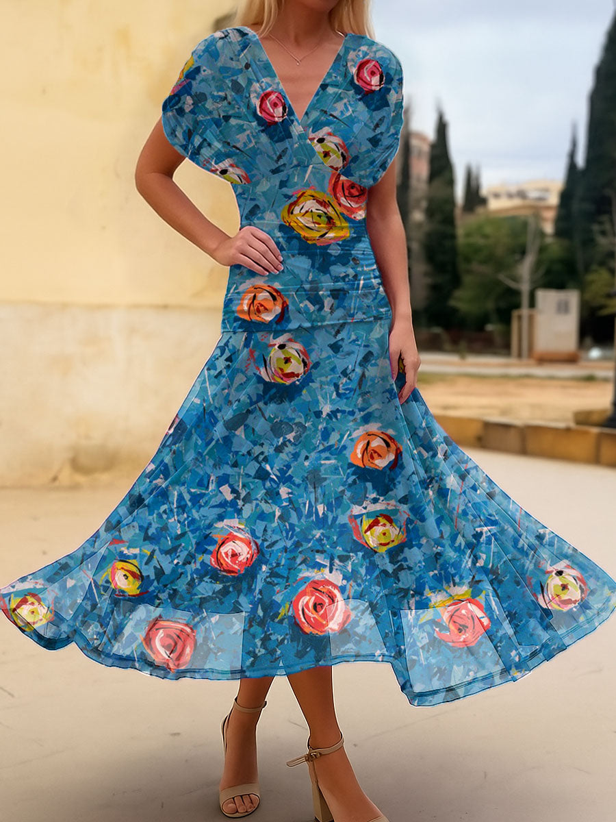 Women's Vintage Flower Art Print  Flowy Casual Dress