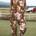 Women's Farm Highland Cattle Flowers Art Print Casual 100% Cotton Wide Leg Jumpsuit