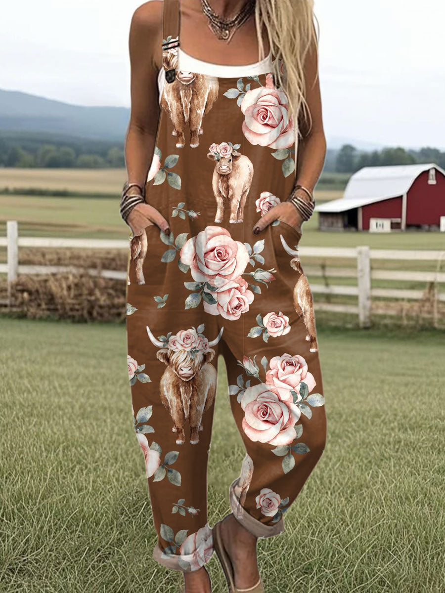 Women's Farm Highland Cattle Flowers Art Print Casual 100% Cotton Wide Leg Jumpsuit