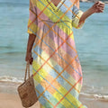 Bohemian-style Color-block Plaid Art Print Cotton-linen Dress