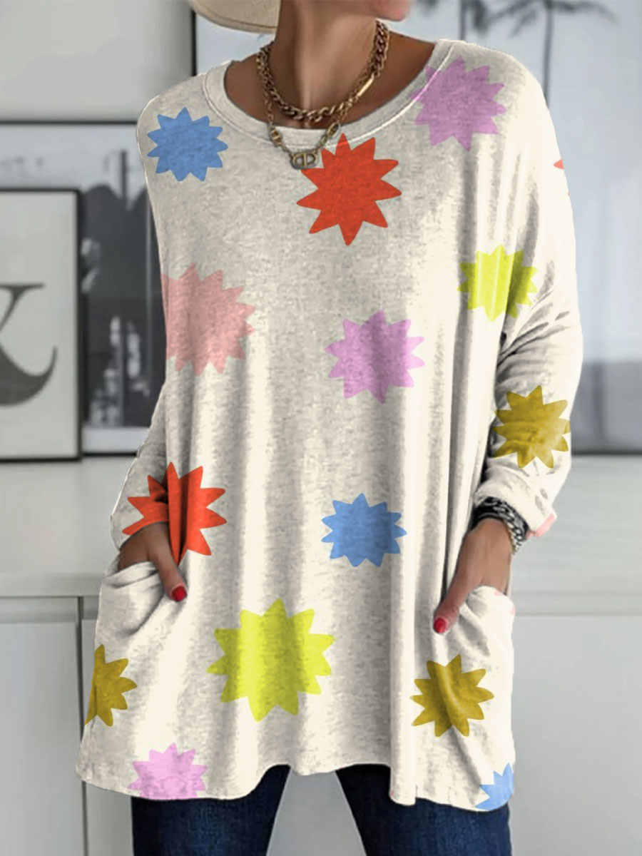 Women's Colored Polygons Print Casual V-neck Long Sleeve T-shirt