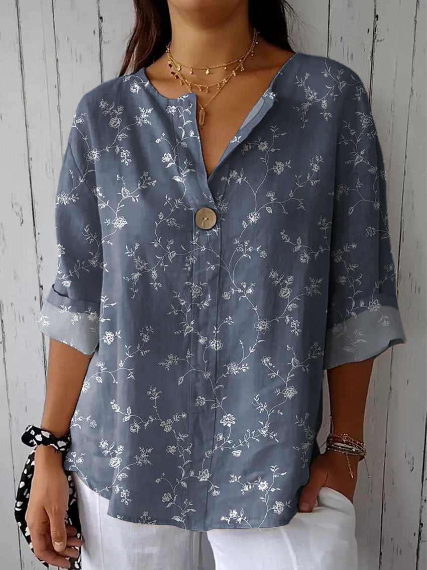 Small Floral And Vine Pattern Printed Women's Casual Cotton Linen Shirt