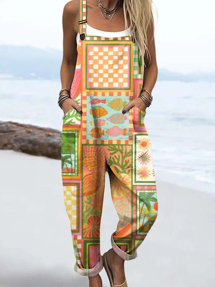 Women's Artistic Creative Floral Small Fish Pattern Print Casual 100% Cotton Wide Leg Jumpsuit