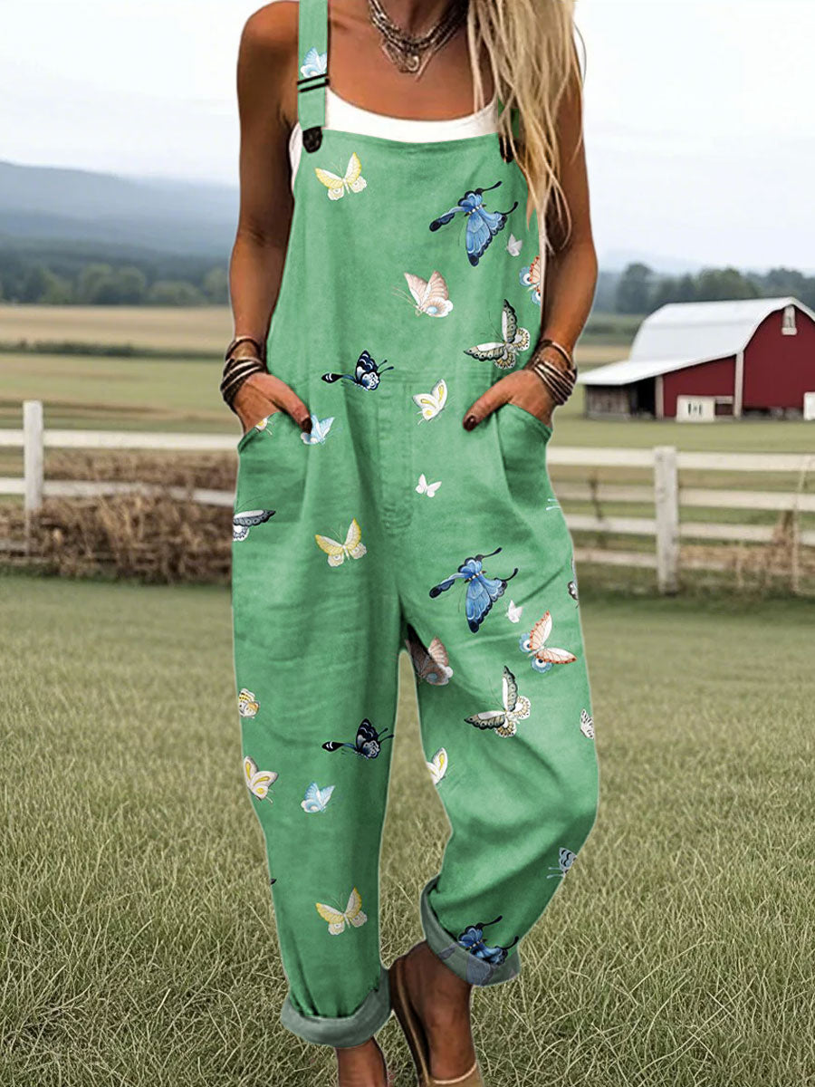 Women's Vintage Butterfly Art Print Casual 100% Cotton Wide Leg Jumpsuit