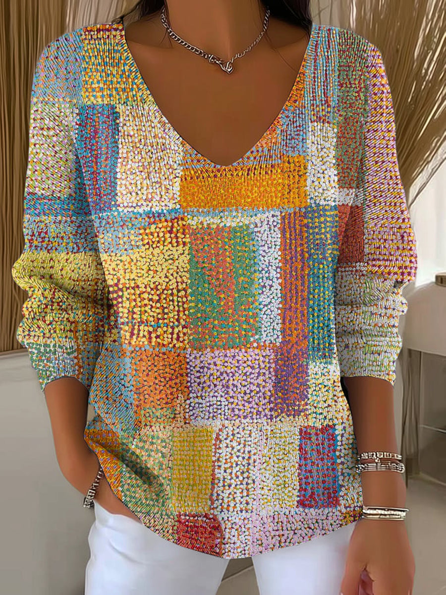 Women's Abstract Colorful Plaid Painting Art Print Casual Pullover Sweater