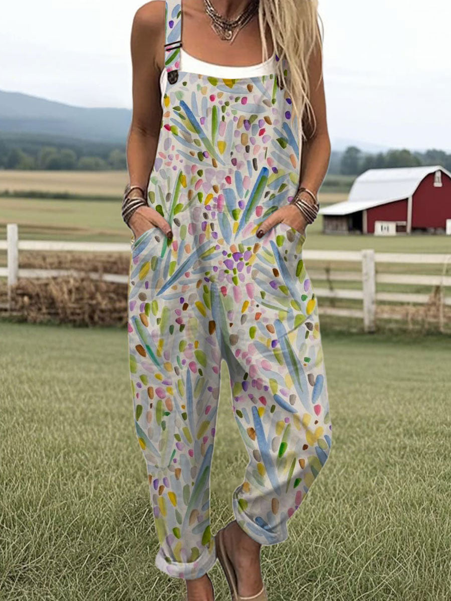 Women's  Vintage Flower Art Print Casual 100% Cotton Wide Leg Jumpsuit