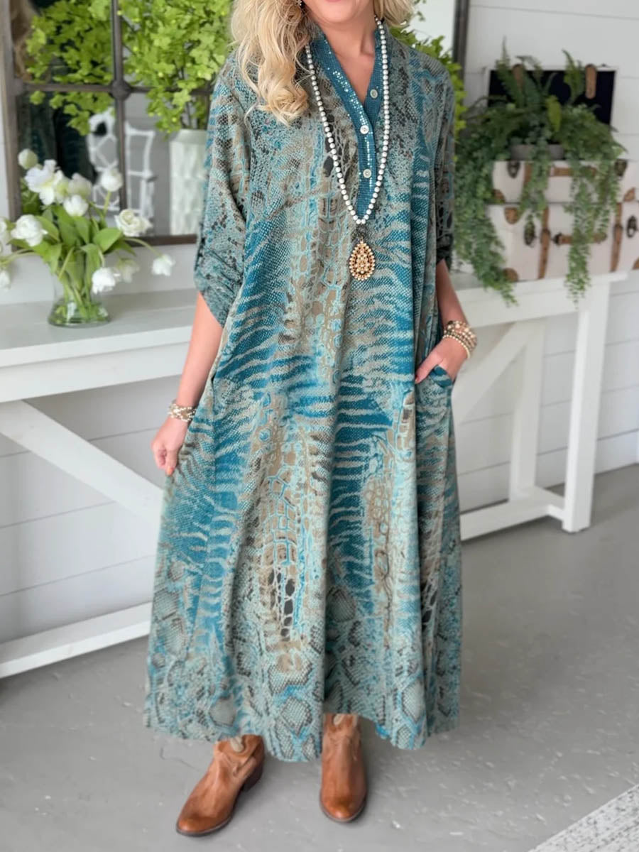 Women's Abstract Print V-Neck Long Sleeve Casual Loose A-Line Dress