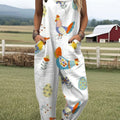 Women's Funny Chicken Art Print Casual 100% Cotton Wide Leg Jumpsuit