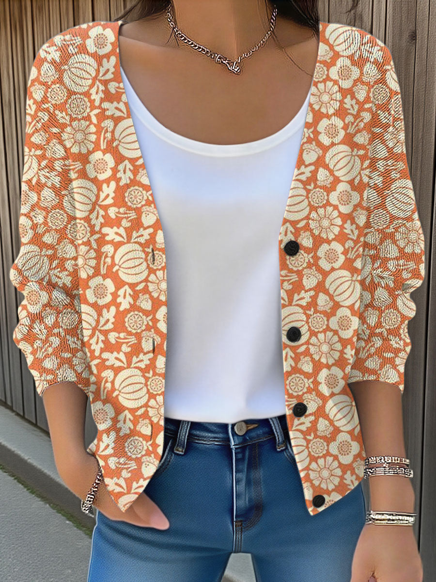 Vintage Pumpkin Art Print Buttoned V-neck Cardigan Sweater