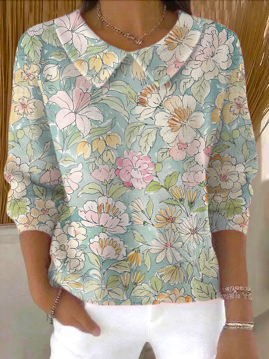 womens-vintage-flower-art-print-casual-peter-pan-collar-3-4-sleeve-sweater-jtpw