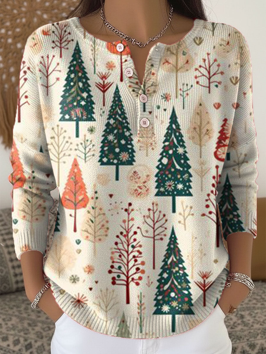 Vintage  Christmas Art Print Buttoned Cardigan Sweater