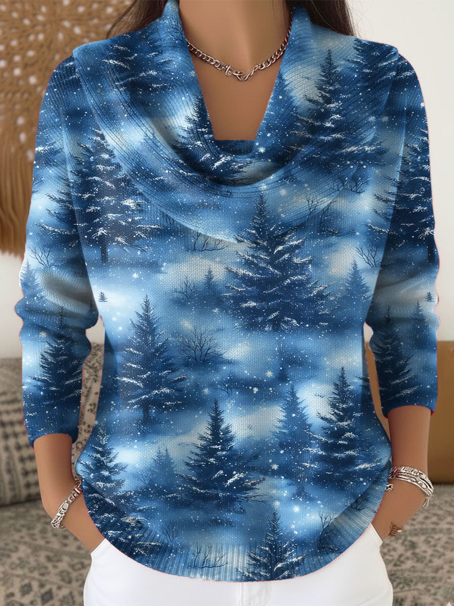 Women's Christmas Tree Pattern Art Print Cowl Neck Sweater