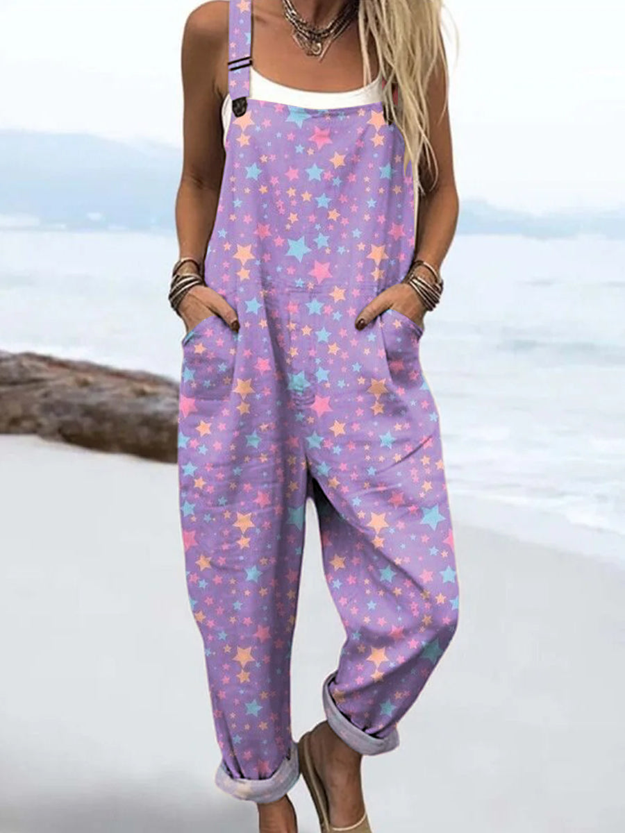 Women's Colourful Art Stars Print Casual 100% Cotton Wide Leg Jumpsuit