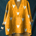 Lovely Hearts Repeat Pattern Printed Women's Casual Cotton And Linen V-neck Shirt