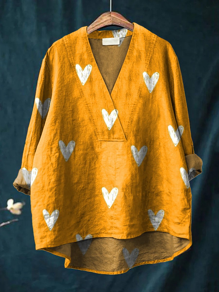 Lovely Hearts Repeat Pattern Printed Women's Casual Cotton And Linen V-neck Shirt